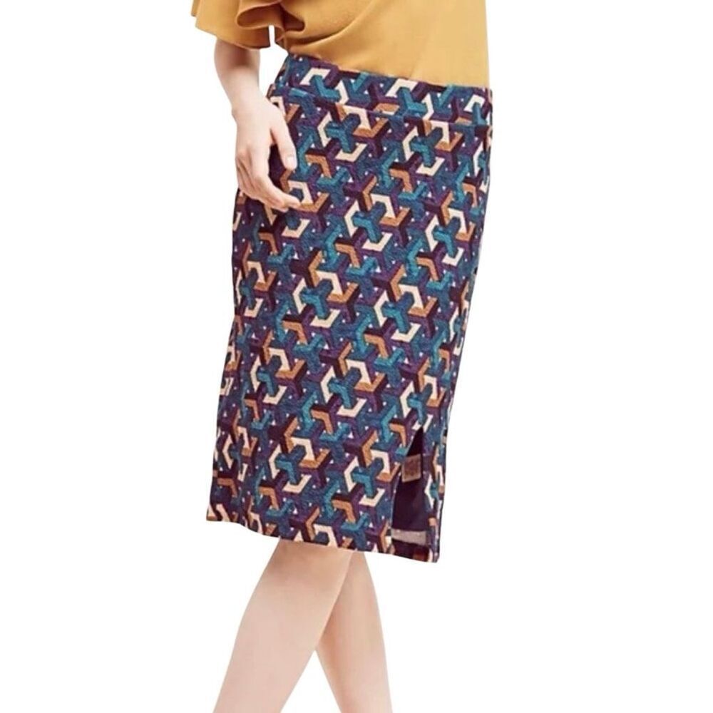 Anthropologie Maeve Midi Stretch Front Slit Geometric Pencil Skirt Small - Picture 4 of 6